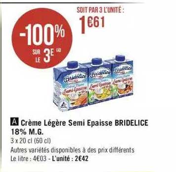 crème légère semi épaisse bridélice 18% m.g.