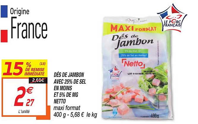 dés de jambon avec 25% de sel en moins et 5% de mg netto