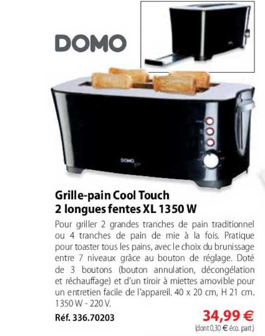 grille-pains cool touch 2 longues fentes xl 1350 w domo