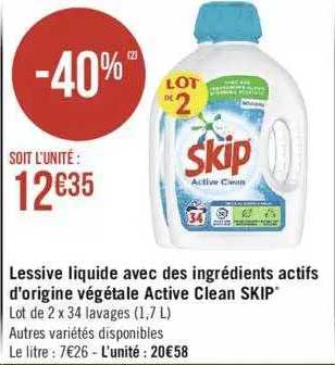 lessive liquide avec des ingrédients actifs d'origine végétale active clean skip