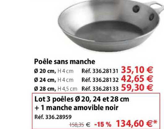 Poêle Sans Manche, Lot 3 Poêles 20, 24 Et 28 Cm + 1 Manche Amovible Noir