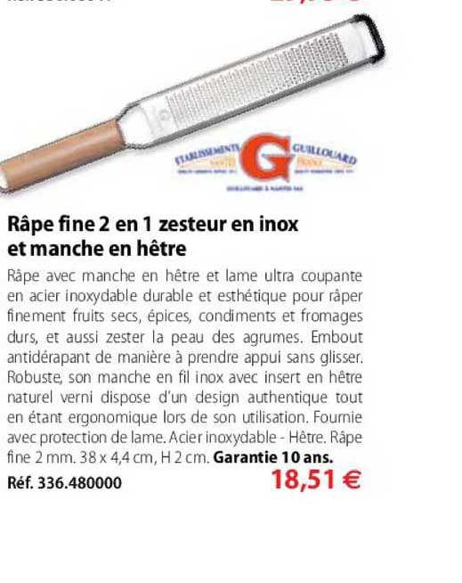 râpe fine 2 en 1 zesteur en inox et manche en hêtre