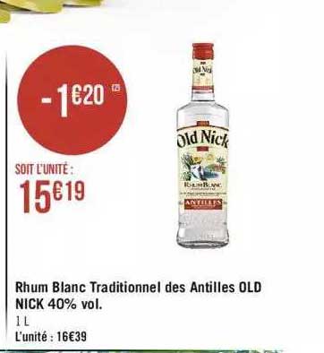 rhum blanc traditionnel des antilles old nick 40% vol.