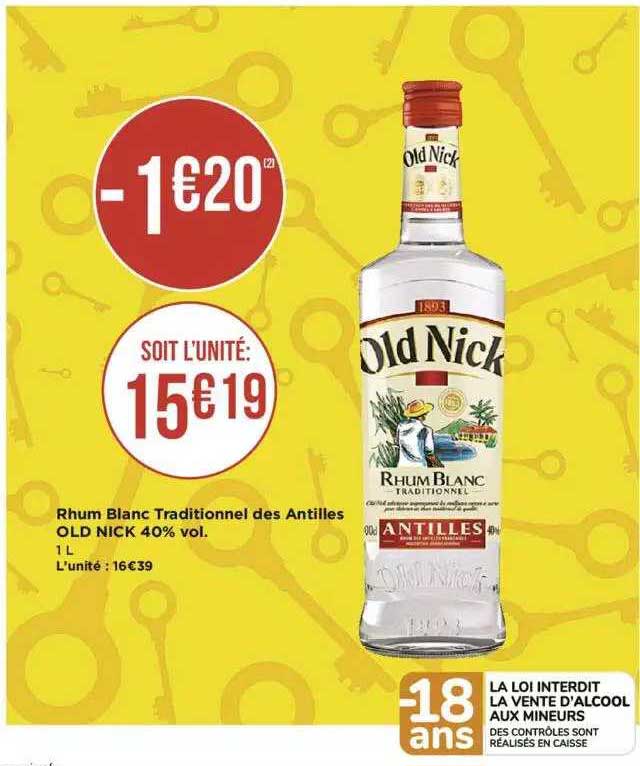 rhum blanc traditionnel des antilles old nick 40% vol.
