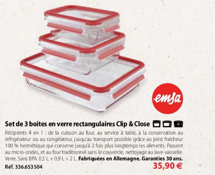 set de 3 boîtes en verre rectangulaires clip & close