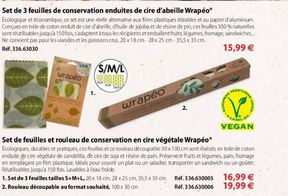 set de 3 feuilles de conservation enduites de cire d'abeille wrapéo, set de feuilles et rouleau de conservation en cire végétale wrapéo