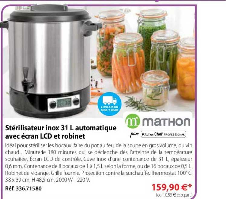 stérilisateur inox 31 l automatique avec écran lcd et robinet