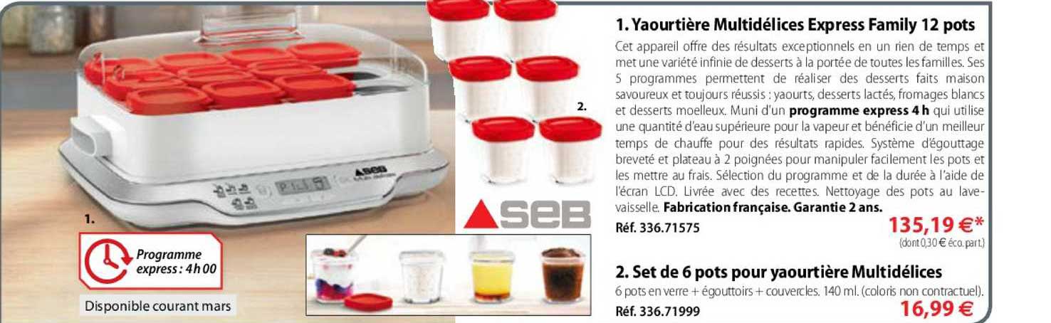 yaourtière multidélices express family 12 pots, set de 6 pots pour yaourtière multidélices