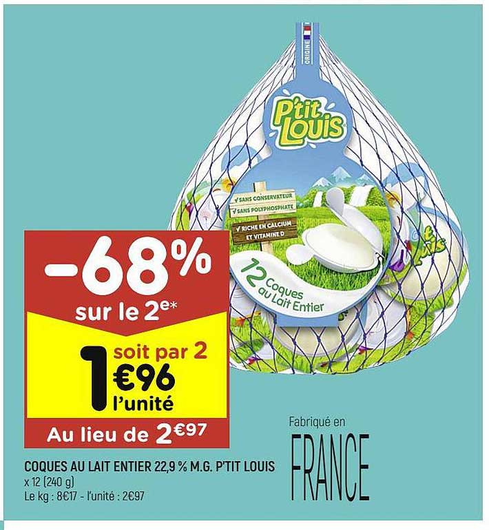 coques au lait entier 22,9% m.g. p'tit louis