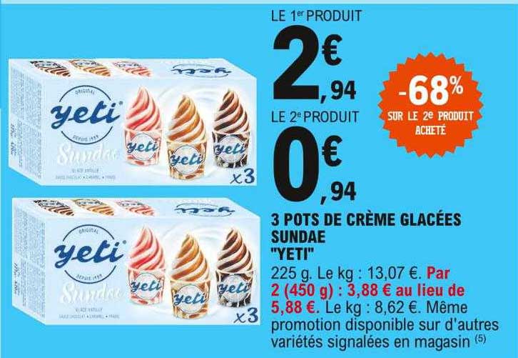 3 pots de crème glacés sundae "yeti"