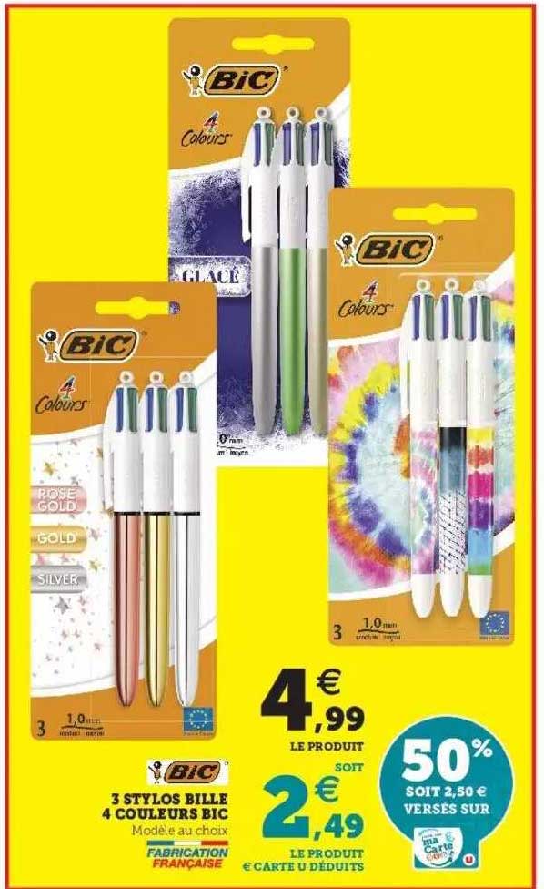 3 Stylos Bille 4 Couleurs Bic