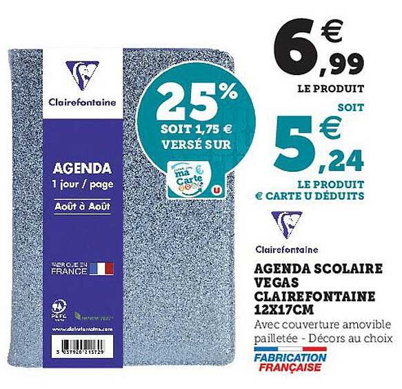 agenda scolaire vegas ckairfontaine 12 x 17 cm