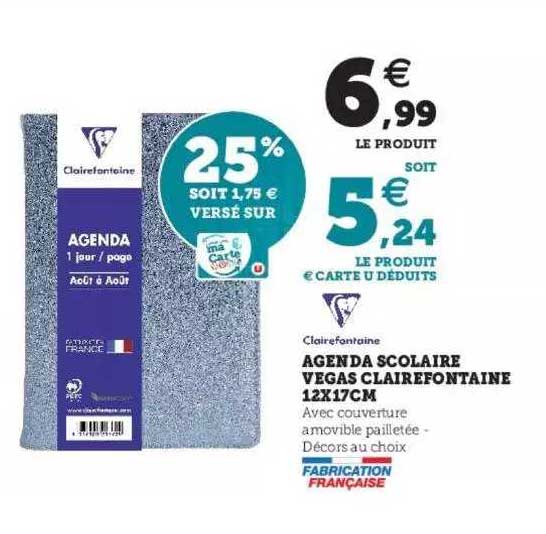 agenda scolaire vegas clarefontaine 12 x 17 cm