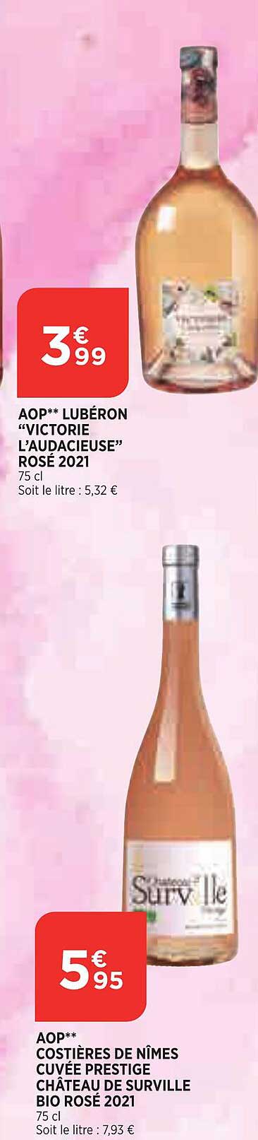 aop luberon "victorie l'audacieuse" rosé 2021, aop costières de nîmes cuvée prestige château de surville bio rosé 2021