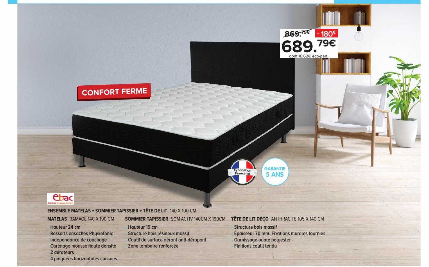 ensemble matelas + sommier tapissier + tête de lit 140 x 190 cm matelas ramage 140 x 190 cm sommier tapissier som'activ 140cm x 190cm tête de lit déco anthracite 105 x 140 cm