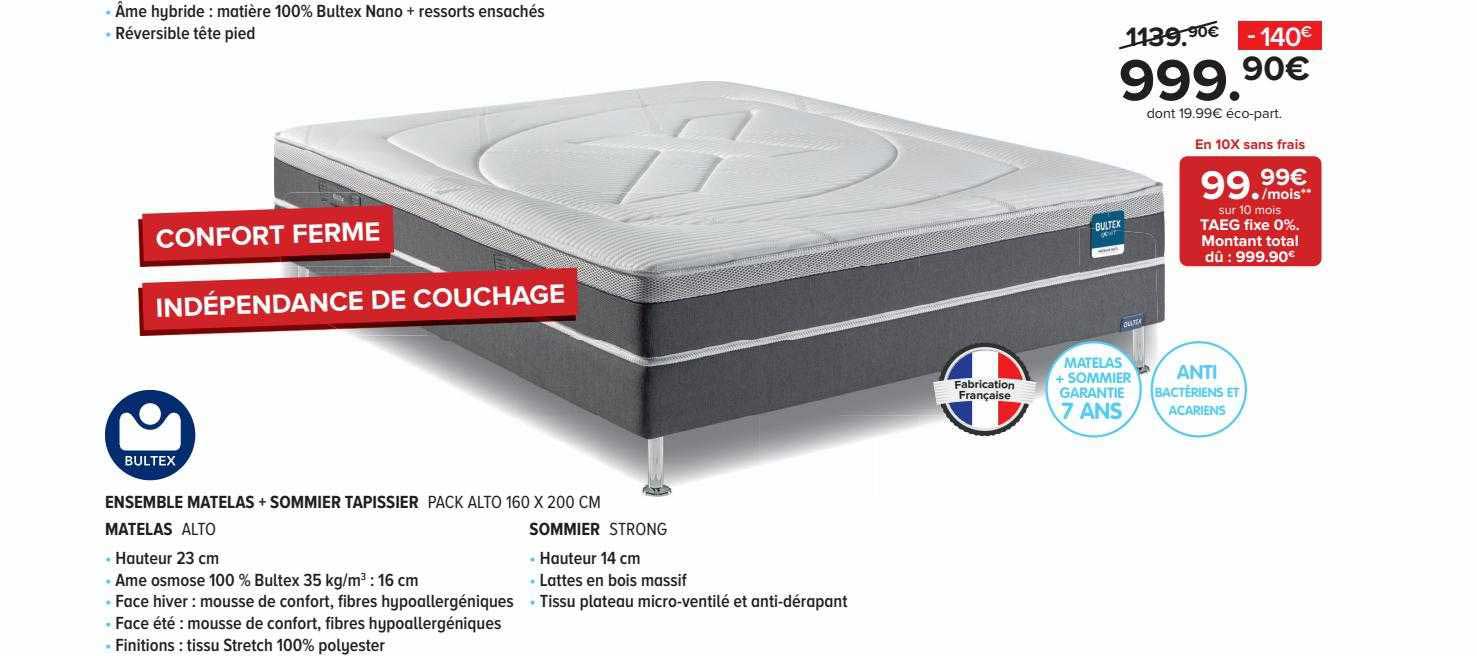 ensemble matelas + sommier tapissier pack alto 160 x 200 cm bultex