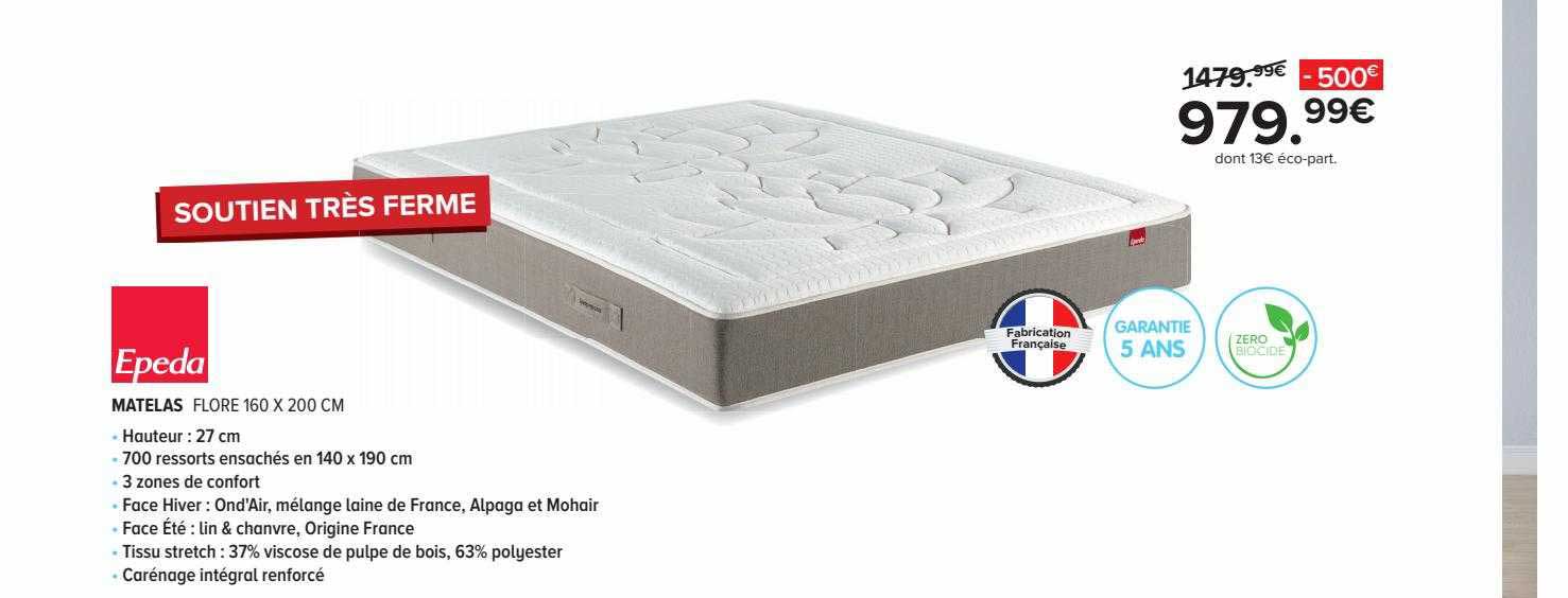epeda matelas flore 160 x 200 cm hauteur 27 cm