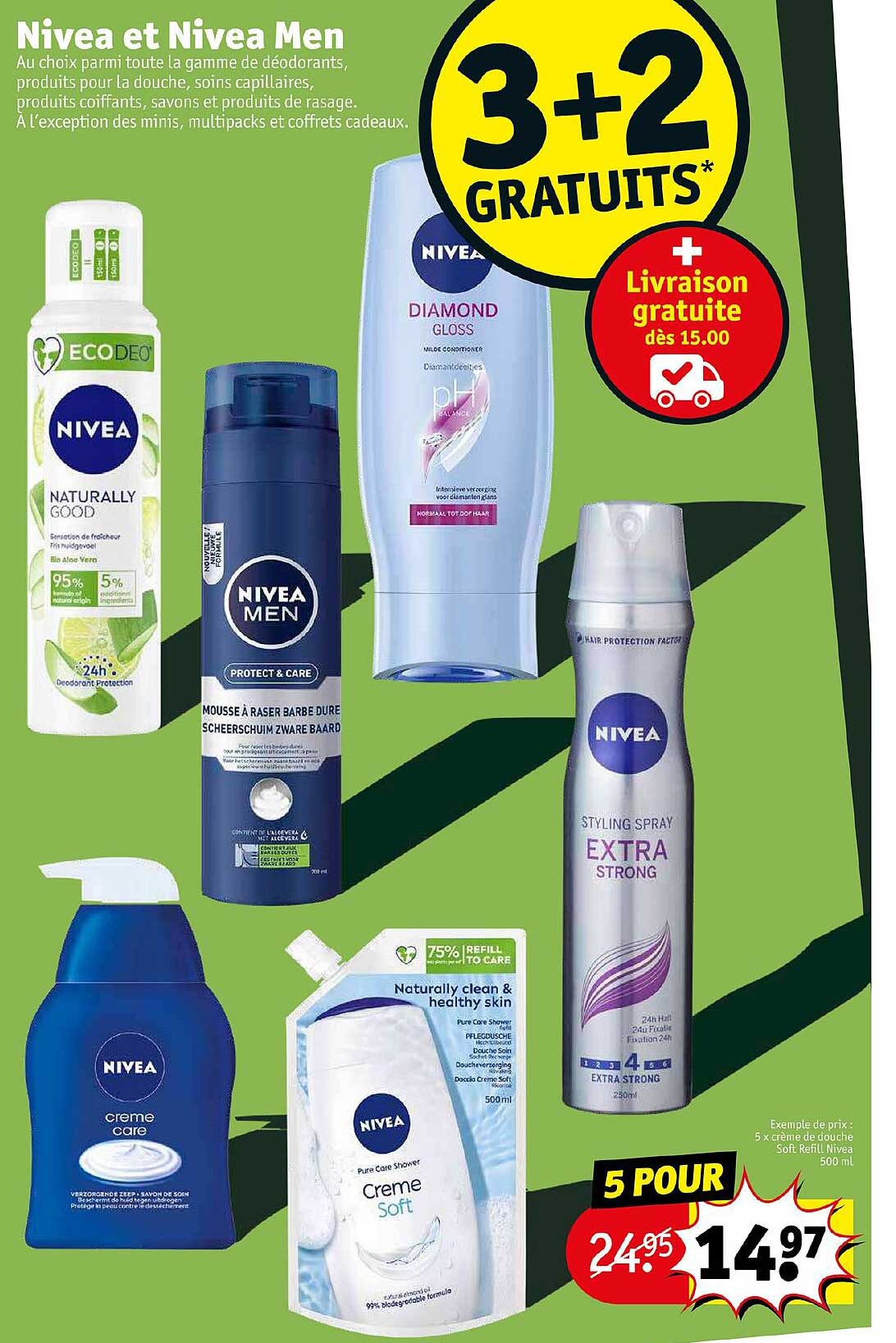 la gamme de déodorant, produits pour la douche, soins capillaires, produits coiffants, savons et produits de rasages nivea et nivea men