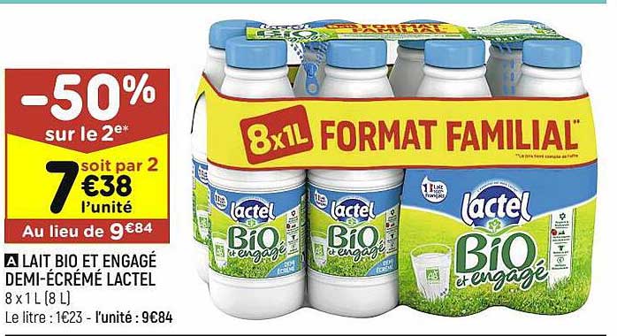 lait bio et engagé demi-écrémé lactel