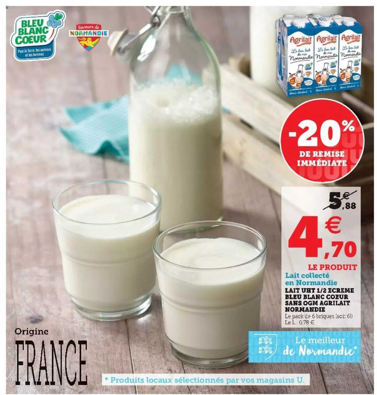 lait uht 1-2 écrémé bleu blanc coeur sans ogm agrilait normandie 20% de remise immédiate