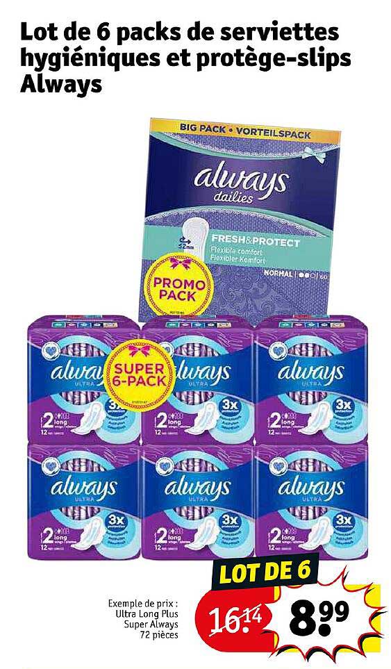lot de 6 packs de serviettes hygiéniques et protège-slips always