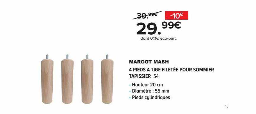margot mash 4 pieds à tige filetée pour sommier tapissier s4