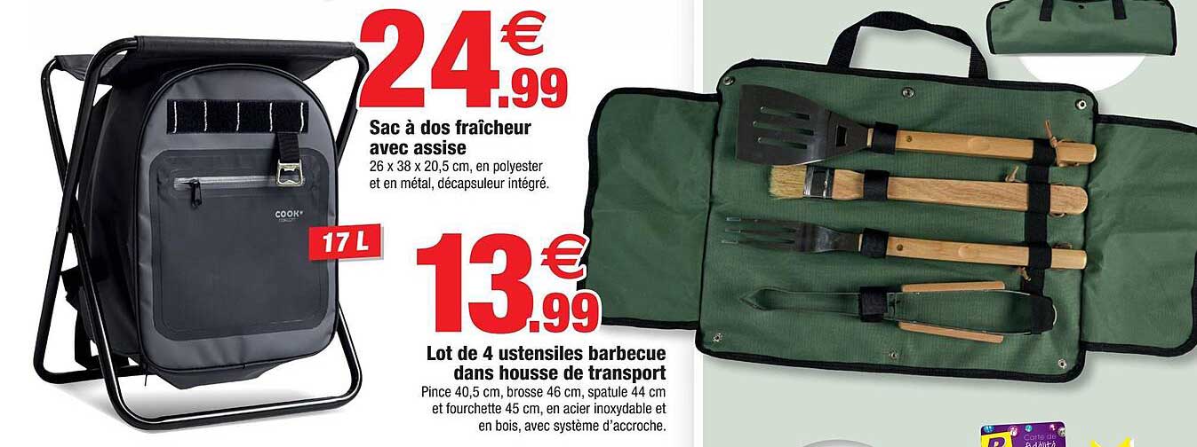 sac à dos fraîcheur avec assise, lot de 4 ustensiles barbecue dans housse de transport