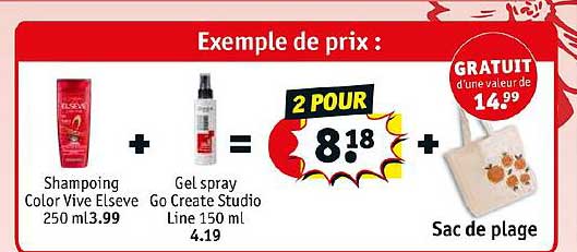 shampoing color vive elseve 250ml, gel spray go create studio line 150ml, sac de plage