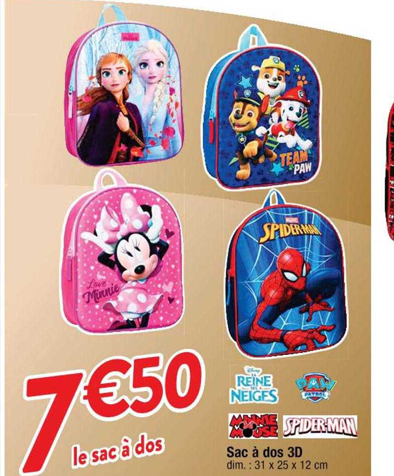 sac à dos 3d la reine des neiges, minnie mouse, spiderman, paw patrol