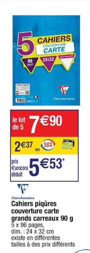 cahiers piqûres couverture carte grands carreaux 90 g clairefontaine