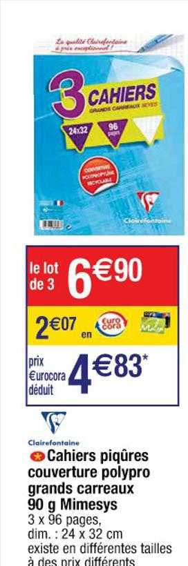 cahiers piqûres couverture polypro grands carreaux 90 g mimesys clairefontaine