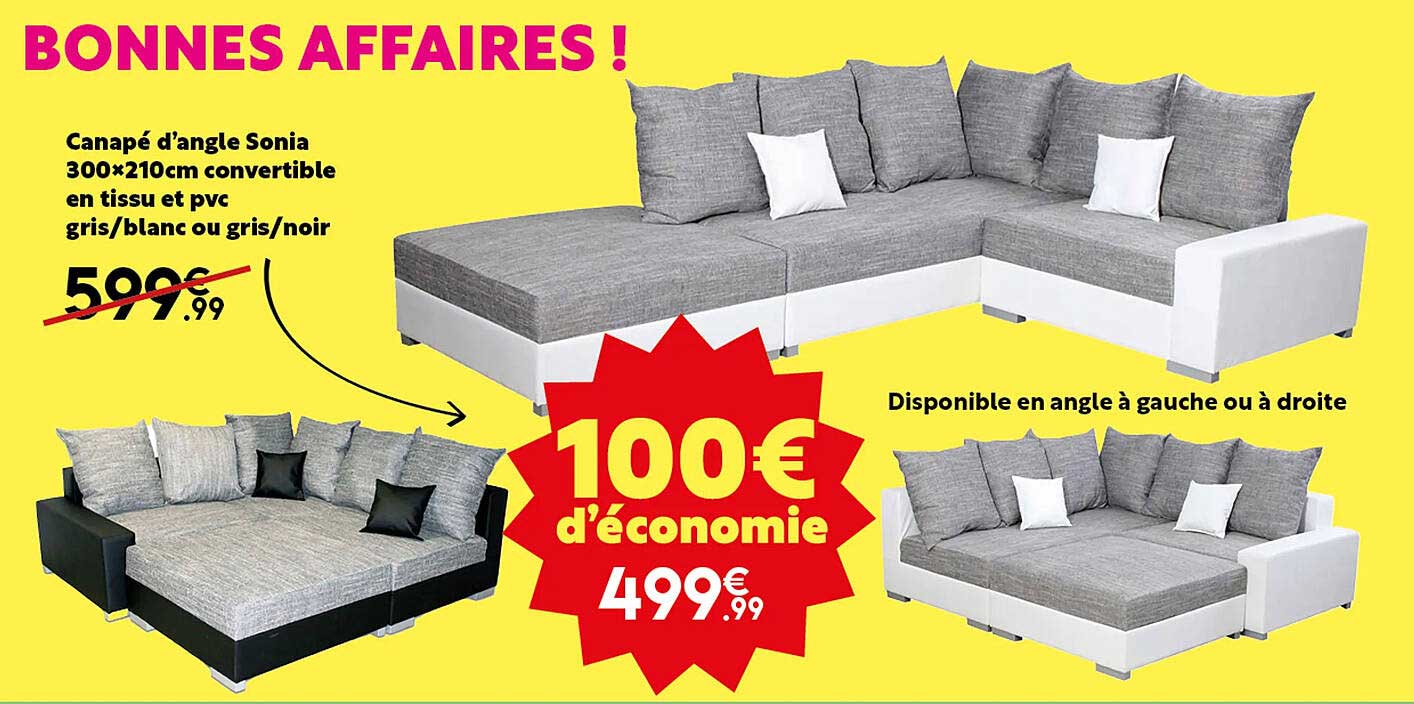 canapé d'angle sonia 300 x 210 cm convertible en tissu et pvc gris/blanc ou gris/noir