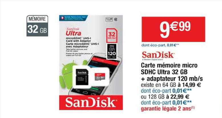 carté mémoire micro sdhc ultra 32 gb + adaptateur 120 mb/s sandisk