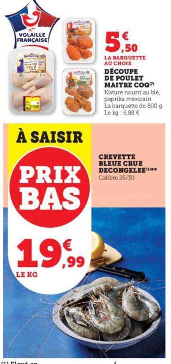 découpe de poulet maître coq, crevette bleue crue décongelée