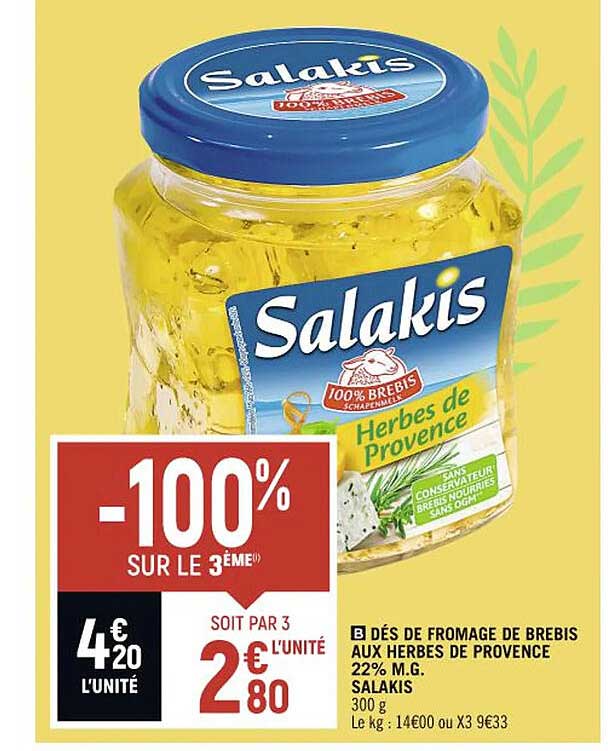 dés de fromage de brebis aux herbes de provence 22% m.g. salakis -100% sur le 3ème