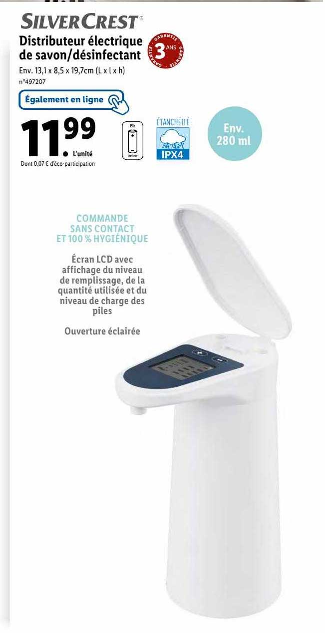 distributeur électrique de savon / désinfectant silver crest