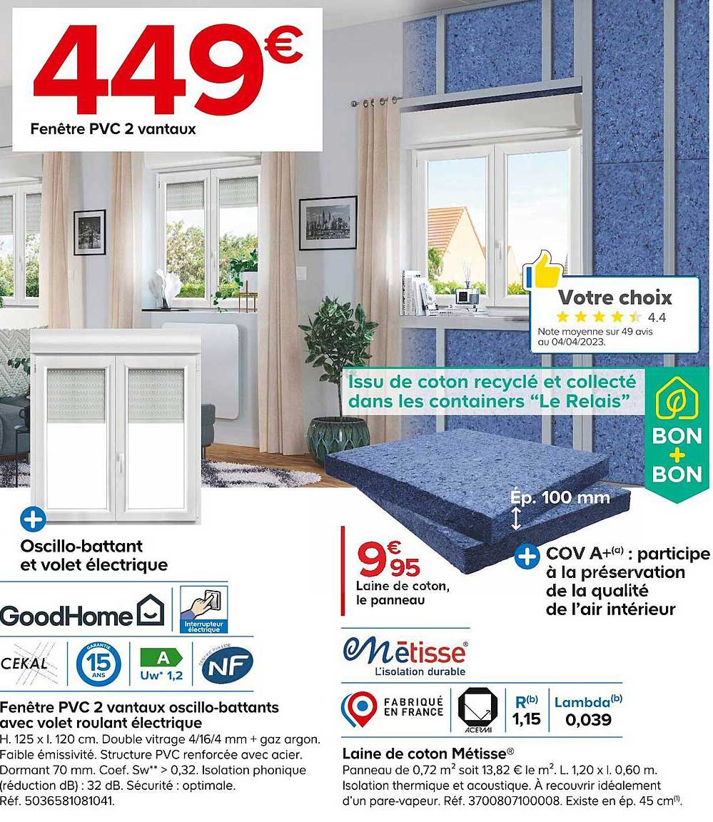 fenêtre pvc 2 vantaux oscillo-battants avec volet roulant électrique goodhome, laine de coton métisse