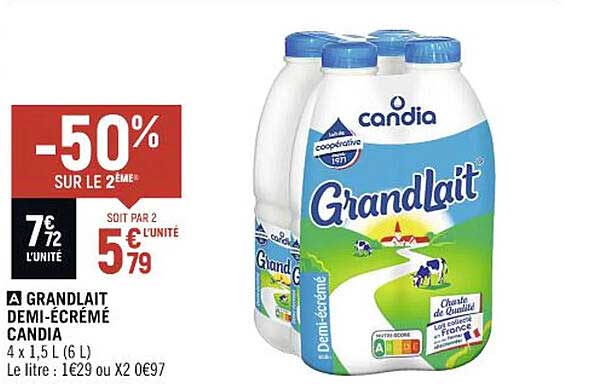 grandlat demi-écrémé candia -50% sur le 2ème