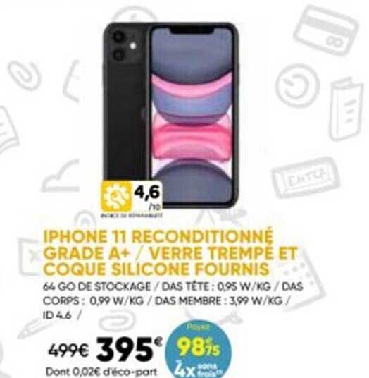iPhone 11 reconditionné grade A+/verre trempé et coque silicone fournis