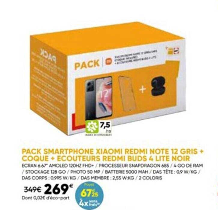 pack smartphone xiaomi redmi note 12 gris + coque + écouteurs redmi buds 4 lite noir