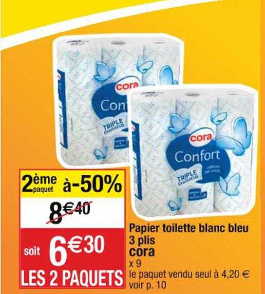 papier toilette blanc bleu 3 plis cora