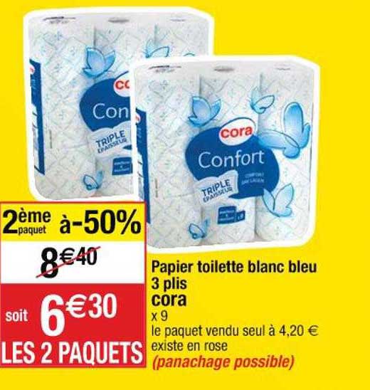 papier toilette blanc bleu 3 plis cora