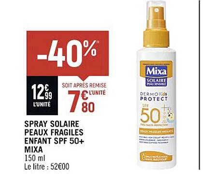 spray solaire peaux fragiles enfant spf 50+ mixa