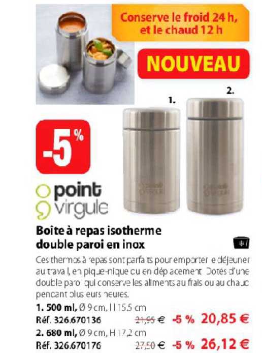 boîte à repas isotherme double paroi en inox point virgule