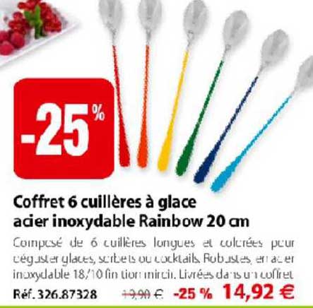 coffret 6 cuillères à glace acier inoxydable rainbow 20 cm