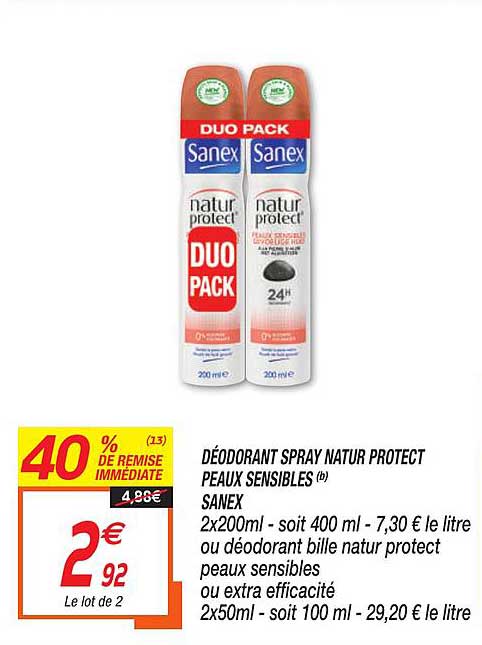 déodorant spray peaux sensibles natur protect sanex 40% de remise immédiate
