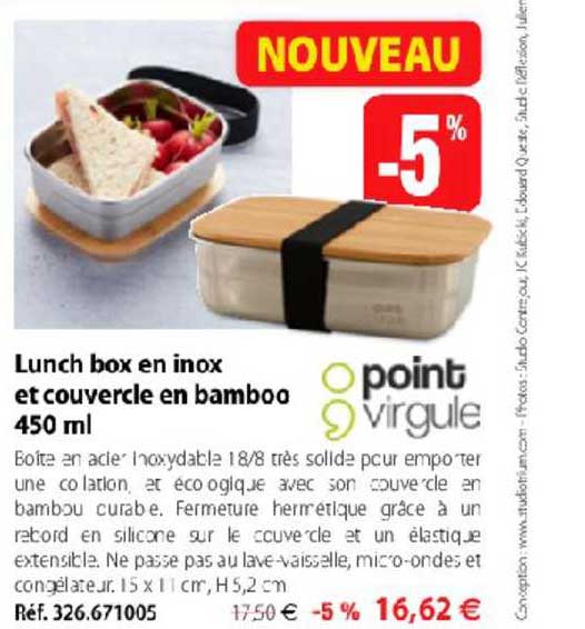 lunch box en inox et couvercle en bamboo 450 ml point virgule