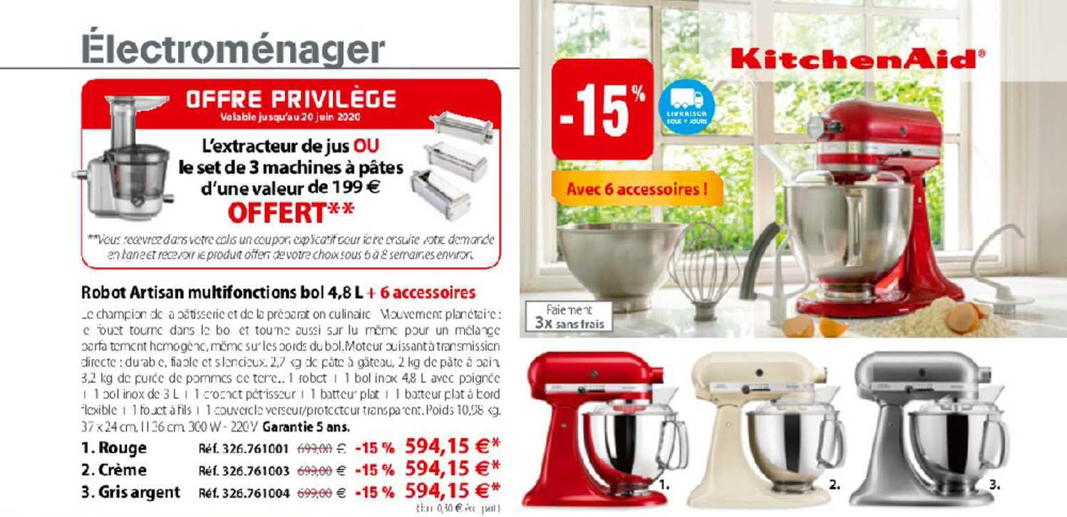 robot artisan multifonctions bol 4.8 litres + 6 accessoires kitchenaid