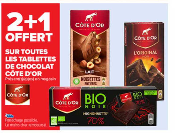 2+1 offert sur toutes les tablettes de chocolat côtes d'or