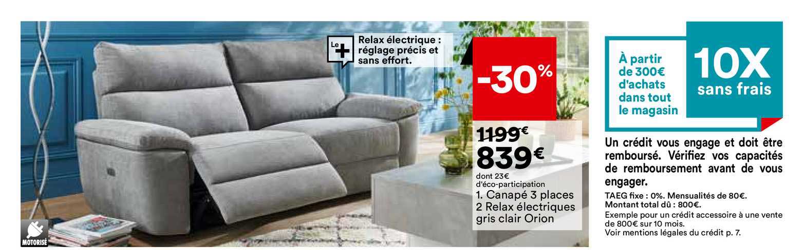 Canapé 3 Places 2 Relax électriques Gris Clair Orion